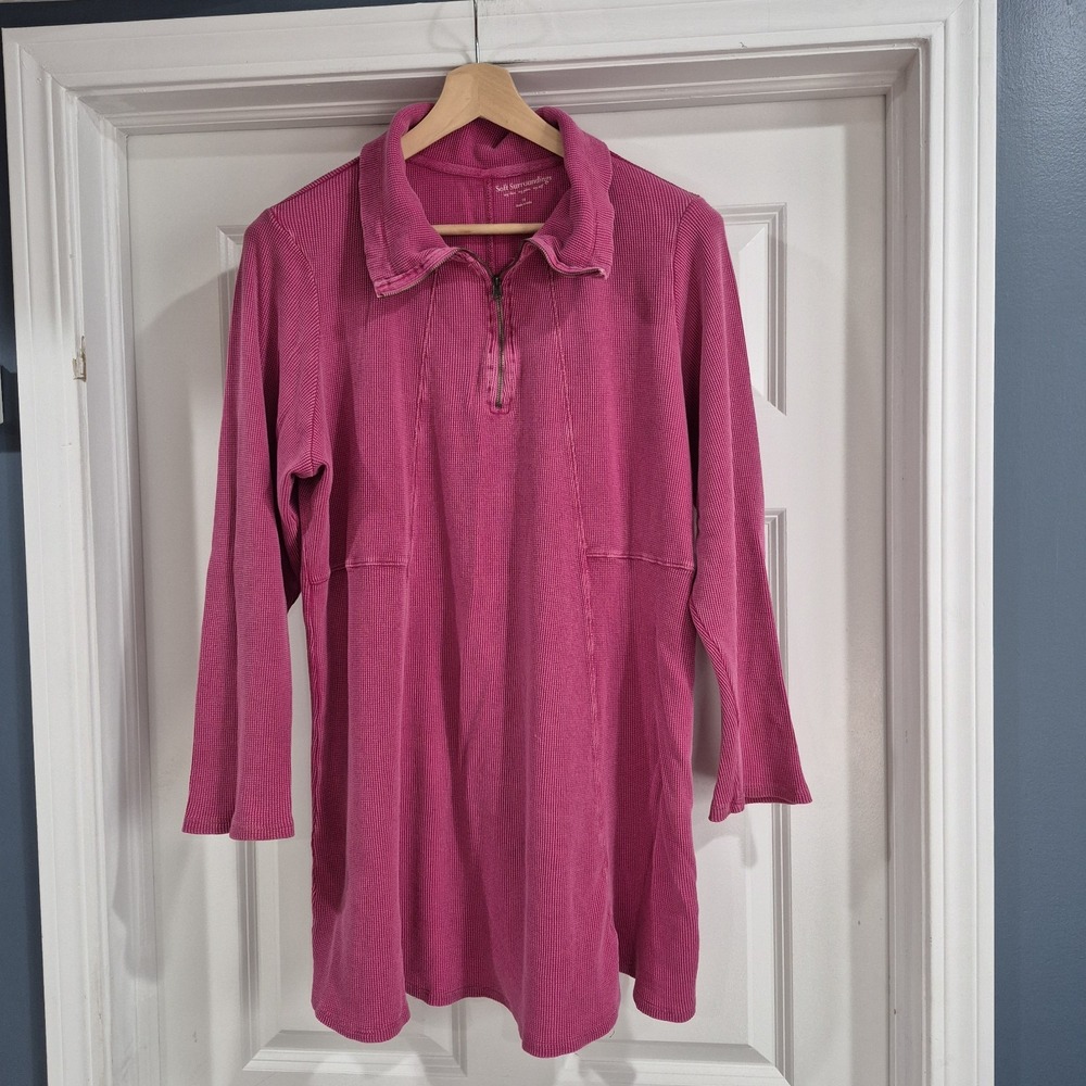 Soft Surroundings Tunic Womens 1X Pink Thermal Waffle Knit Mock Neck Lagenlook